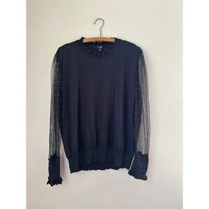 Ontweifth Womens 2X Black Gold Sheer Sleeve Ruffle Trim Knit Top Sweater‎